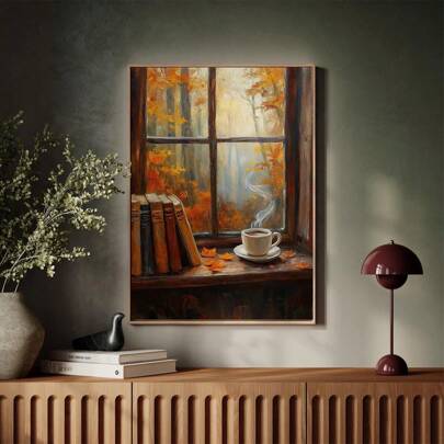 1 stuk gezellig herfsttafereel op canvas - koffie, boeken en herfstbladeren in een warme, rustieke wanddecoratie, vintage olieverfschilderij, kamerdecoratie, slaapkamerdecoratie, wanddecoratie, badkamerdecoratie, woonkamerdecoratie, keukendecoratie, wandkunst, ophangbaar, herfstdecoratie, - canvas (optioneel frame)