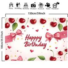 1 pieza Fondo de poliéster con mariposa Cherry Feliz Cumpleaños, decoración multifuncional roja dulce de niña Chery, sin necesidad de accesorios de estudio fotográfico