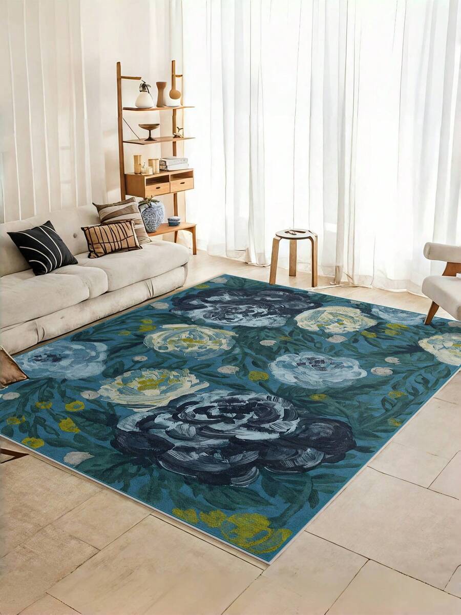 1PC Blue Flower Positioning Print Living Room Area Rug Comfortable And Soft Surface 100% Polyester Waterproof And Stain-Resistant Silicone Back Non-Slip And Non-Shifting Suitable For Living Room Large Size Bedroom Home Decoration Household Items Door Outdoor Rug Mat Multiple Sizes Available Machine Washable And Easy To Care For Pet And Child Friendly Kitchen Rug