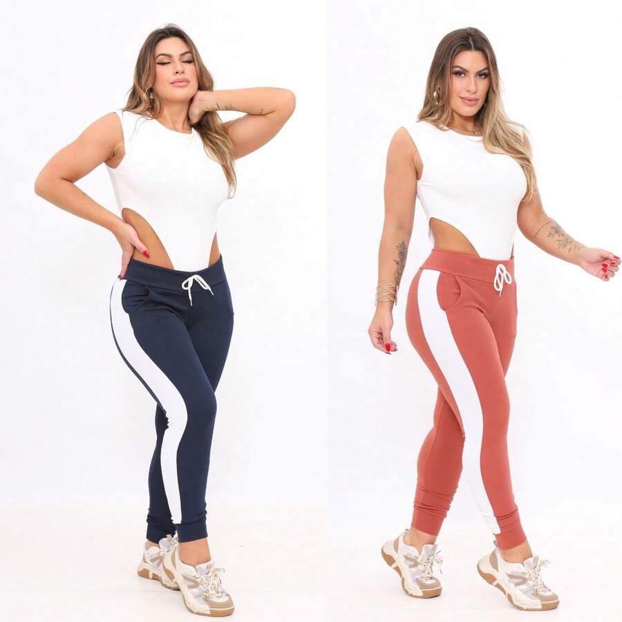 Kit With 2 Crepe Pants With Simple Knotted Belt, Pocket, Drawstring - Blue and Pink - View 1