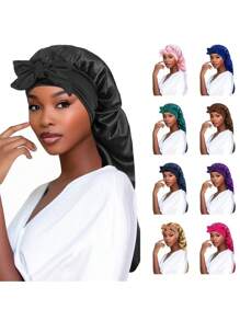 1pc New Long Taffeta Sleeping Cap, Women's Fashion Hair Care Hat, Bowknot Headband Beanie