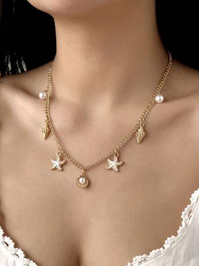 1pc Fashion Summer Versatile Beach Vacation Starfish, Seashell, Pearl Multi-Pendant Necklace For Women, Suitable For Daily And Holiday Wear