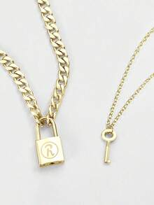 2 件钥匙锁项链嘻哈风格合金银情侣项链适合约会礼物 - 銀色 - 查看 7