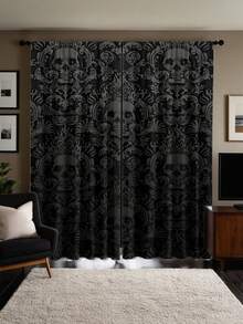2pcs Skull Print Curtain Set - Suitable For Bedroom, Living Room And Bathroom Decor, Machine Washable Polyester, Great For Halloween - Multicolor - View 6