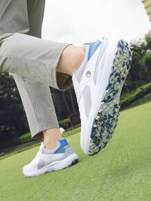 Zapatos de golf profesionales para hombres - Impermeables, antideslizantes, cómodos con parte superior de PU y suela de goma, forro de tela transpirable, cierre de cordones, color blanco y azul, adecuados para todas las estaciones, deportes al aire libre y actividades de golf, accesorios de golf