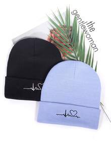 2pcs ECG Embroidered Knit Beanies, Suitable For Everyday Wear - Pink Black - View 2