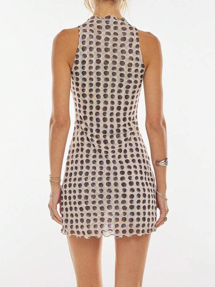 Women Y2k Bodycon Mini Dress High Neck Sleeveless Polka Dot/Vinatge Floral Dress Slit Hem Sexy Short Dress Summer Beach Vacation Dresses Sundress Clubwear - 咖啡 - 查看 3
