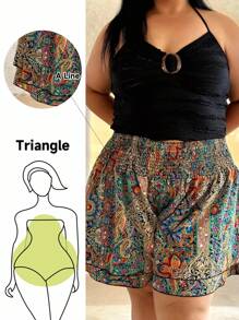 Truni Elyhuante_03 Plus Size Elastic Waistband Paisley Printed Ruffle Hem Shorts, Summer, For Pear Triangle Body Shape