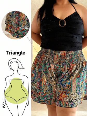 Truni Short à taille élastique et ourlet volant imprimé cachemire, grande taille, été
