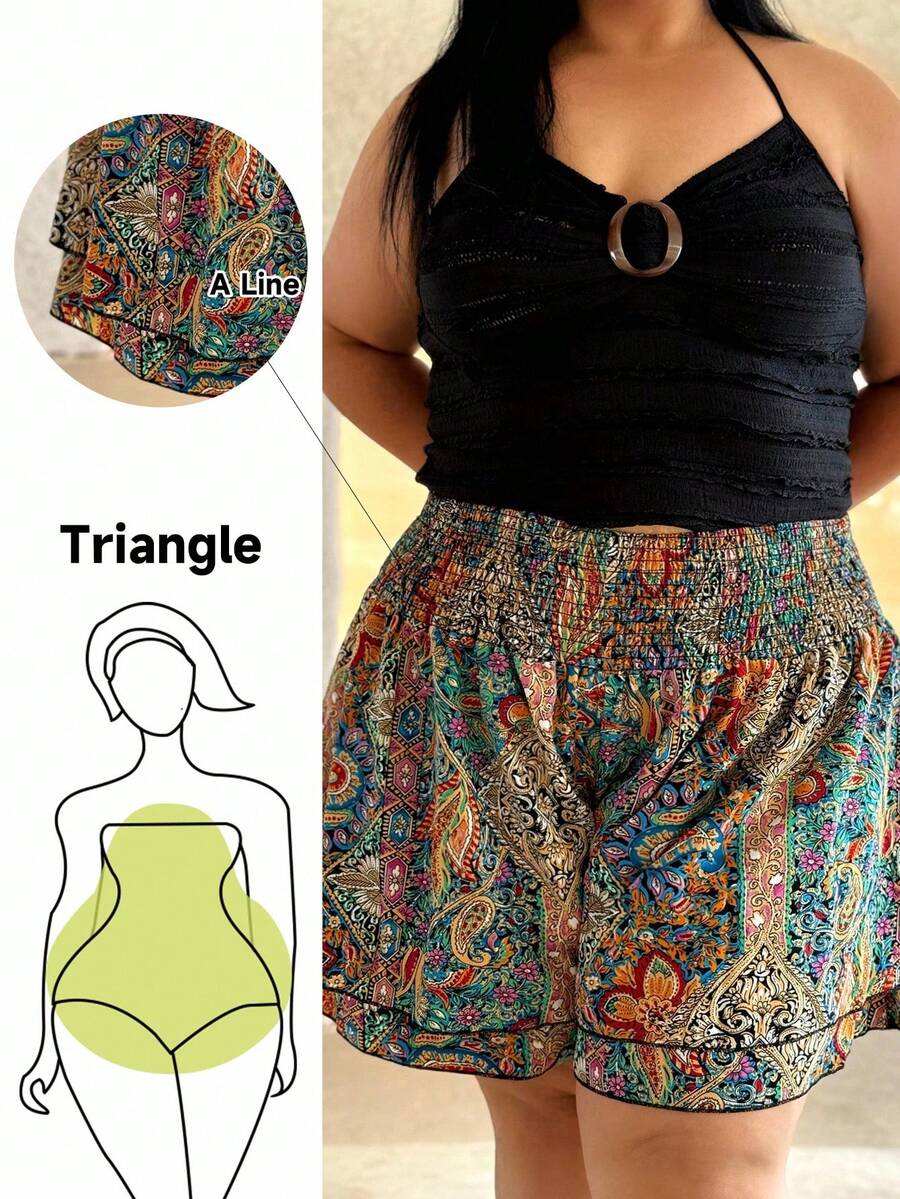 Truni Elyhuante_03 Plus Size Elastic Waistband Paisley Printed Ruffle Hem Shorts, Summer, For Pear Triangle Body Shape