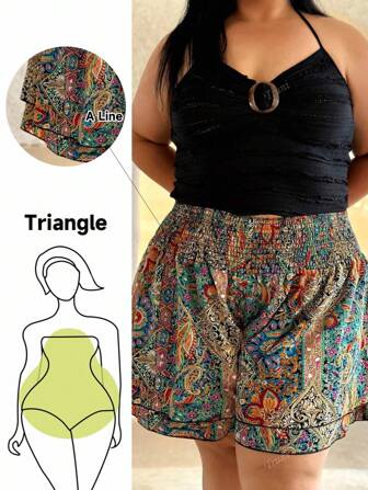 Truni Große Größen Short mit elastischer Taille, Paisley Muster und Rüschensaum, Sommer
