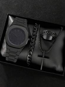 4pcs/Set Men's Business Quartz Watch, Numeric Dial, Bracelet Necklace Ring Set, Gift For Men