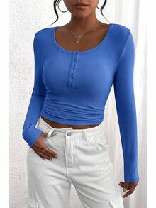 Women's 2026 Fall Long Sleeve Henley T Shirts Button Ribbed Knit Slim Fit Basic Tops Blouse Casual Outfits/Vacation Outfits Women/Valentine Outfits For Women - 寶藍色 - 查看 3