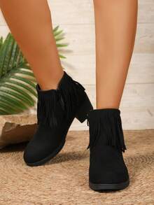 Bottes courtes à franges mode femme, décoration à franges personnalisée, design de talon épais confortable, bottes courtes avec fermeture éclair latérale, convient pour le port quotidien et décontracté en automne/hiver, bottes noires pour femmes, matériau  de qualité, bottes courtes polyvalentes