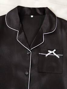 Bộ đồ ngủ cardigan satin mùa hè cho nữ, quần short tay ngắn xếp nếp bỏ túi màu trơn, bộ đồ ngủ satin 2 món - màu đen - Xem 3