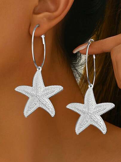 1 Pair Women's Vacation Ocean Style Earrings, Fashion Bohemian Shell, Conch, Faux Pearl, Starfish & Marine Life Shaped Pendant Earrings, Exaggerated Metal Design, Suitable For Daily Wear, Street Style, Beach Party