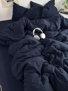 3 件套海军蓝柔软亲肤羽绒被套（1 个羽绒被套 + 2 个枕套），适用于卧室和客房，四季皆宜，可机洗 - 藏蓝色 - 查看 5