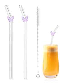 Set de 6 pajitas de vidrio reutilizables con adorno de lazo - Pajitas de beber curvadas resistentes a los golpes + cepillo de limpieza - Pajitas elegantes para cócteles, batidos y bebidas frías (20cm)