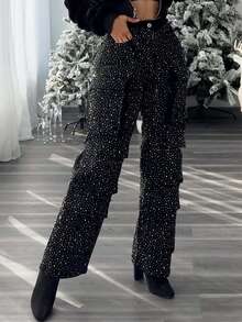 GLOURI Women's Glitter Rhinestone Cargo Trousers Jeans - High Waist Denim W/ Functional Pockets | Dazzling Statement Pants For Festivals & Night Out & Party - Black - View 4