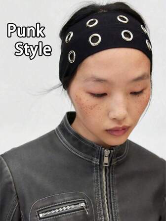 1 pieza Diadema elástica ancha con ojales calados de estilo punk rock y steampunk para niña, accesorio de cabello para deportes, casual, turbante, elegante y moda