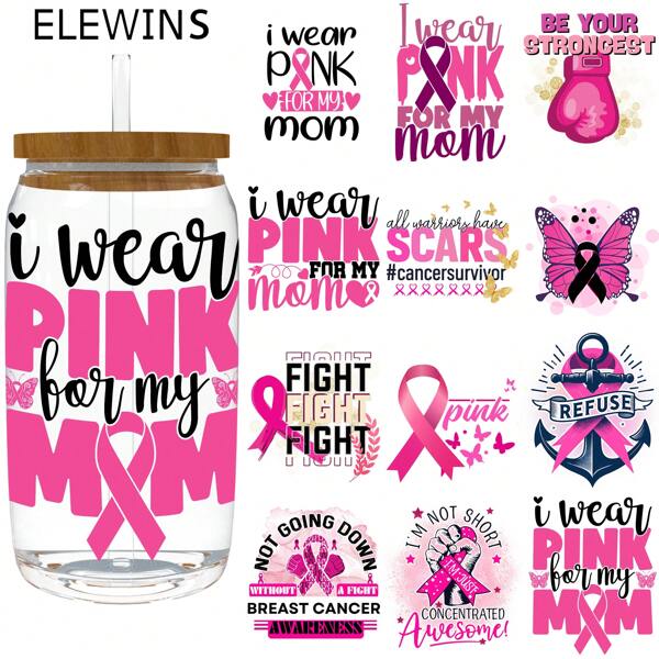 ELEWINS 12pcs/Set High-Quality Waterproof DTF Transfer Paper - Breast Cancer DTF Cup Wraps For 16 OZ Libbey Glass Can, Water Bottle, Cup - Durable Plastic Material, DIY Decoration DTF Cup Wraps For 16 OZ Libbey Glass Can, Water Bottle, Cup - Durable Plastic Material, DIY Decoration( Without Mugs)