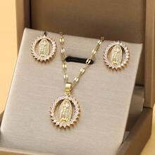 3pcs Copper Material Handmade Zirconia Inlaid Virgin Mary Earrings & Necklace Set, Christian Jewelry, Multi-Color Options, Suitable For Commuting & Daily Wear, Christmas Gift For Mother & Girlfriend - Golden Yellow + White - View 4