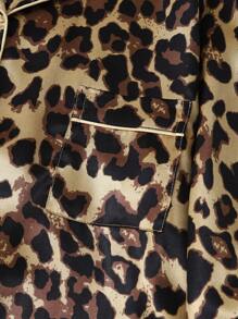 Leopard Print Women Long Sleeve Top & Pants Pajama Set, Fall Winter Clothes - Gold - View 3