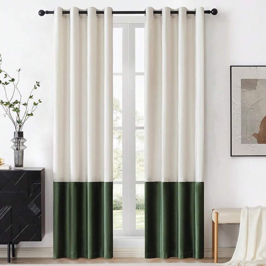 Black Gold Color Block Window Curtains Panels 84 Inches Long Farmhouse Drapes Bedroom Living Room Darkening Treatment With Grommet Set Home Decor - 奶油色和橄欖綠 - 查看 1
