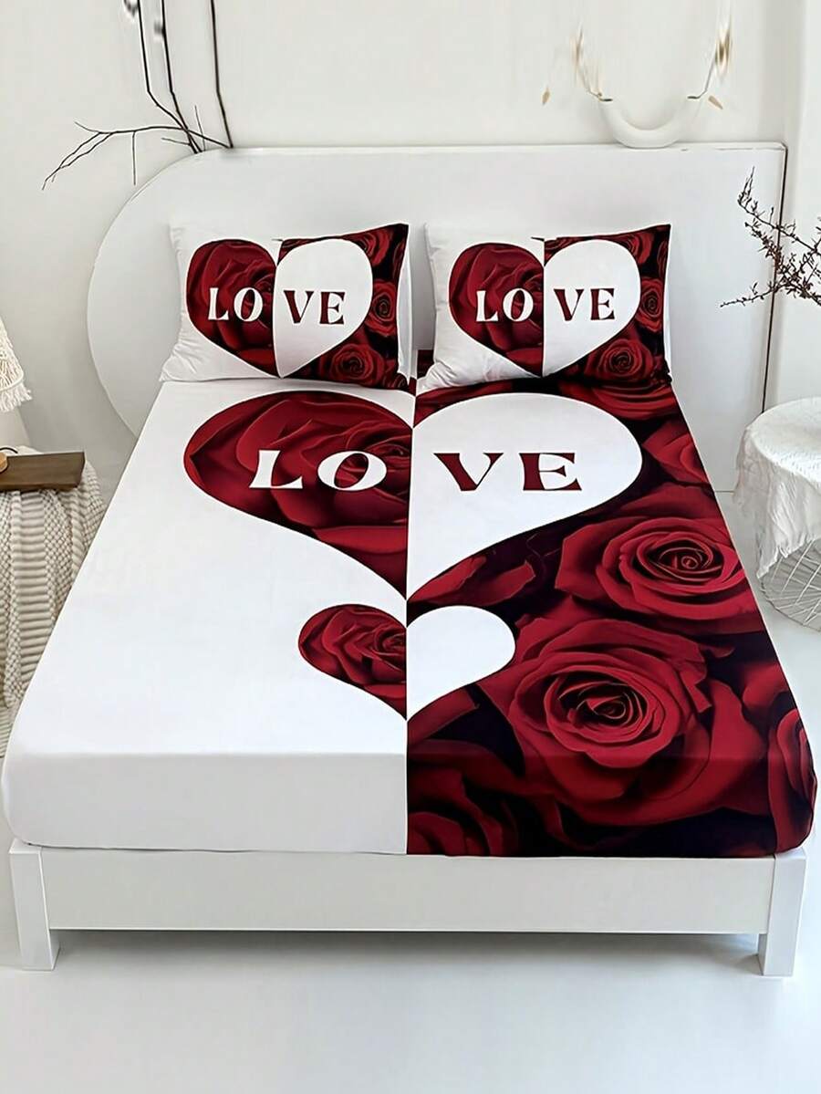 3 件红白心床单（1 件床单+2 件枕套，无填充物），14 英寸深口袋，可机洗，防过敏，高品质，床垫保护套卧室宿舍高清印花，适合所有季节房间装饰