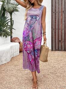 Women's Round Neck Butterfly Print Sleeveless Dress, Suitable For Spring/Summer - Hot Pink - View 3