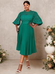 Lace Pleated Dresses Half Lantern Sleeves Hollow Out Elegant Midi Wedding Guest,Graduation Outfit - 墨綠色 - 查看 3