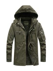 Men's Thermal Lined Warm Padded Coat, Detachable Hood, Long Padded Jacket, Fashionable Outerwear For Autumn/Winter