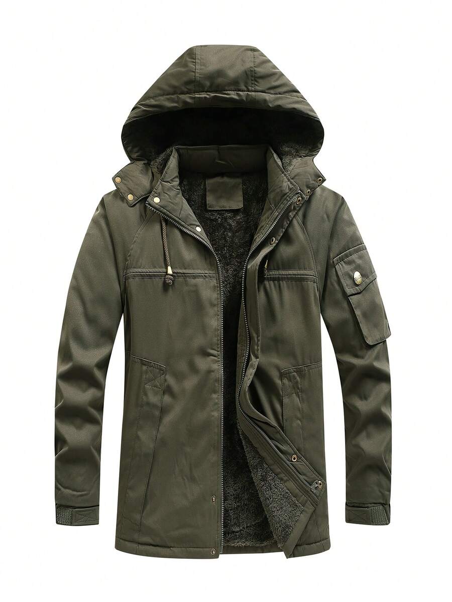 Men's Thermal Lined Warm Padded Coat, Detachable Hood, Long Padded Jacket, Fashionable Outerwear For Autumn/Winter