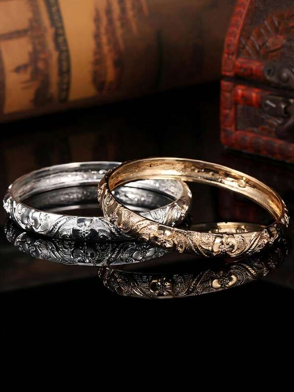 1pc Metallic Palace Flower Engraved Cuff Bracelet, Women's Elegant Gift For Wedding, Party, Daily Wear