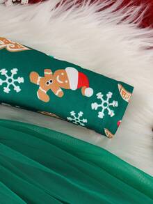 Vestido de bebé niña con volantes, estampado de muñeco de nieve y copos de nieve, patchwork de malla y cinturón para Navidad - Verde - Ver 7