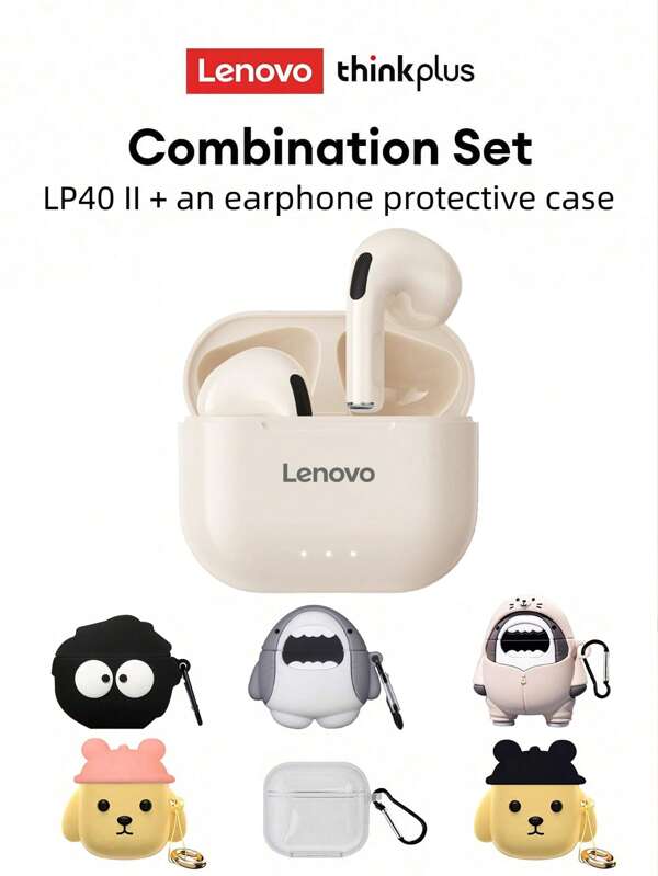 Lenovo Set de huse de protecție pentru căști Bluetooth Lenovo LP40 II, căști sport intraauriculare cu bas puternic, apeluri HD, microfon, latență redusă, muzică/jocuri, durată lungă de viață a bateriei, căști wireless compacte și portabile