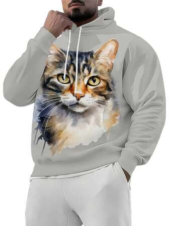 Modischer Herren Kapuzen-Pullover mit 3D-bedruckter Katzen-Musterung, Streetstyle Kapuzen-Sweatshirt, lässig und bequem