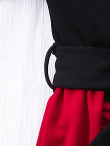 Autumn/Winter New Pearl Splice Contrast Color Wave Hem Long Sleeve Dress With Belt, Fashionable And Elegant, Elegant And Charming For Tween Girls - Red - View 7