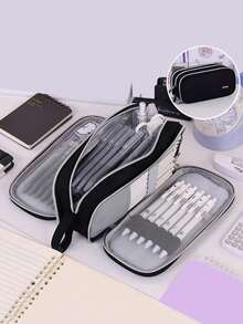 1个全新大容量多层铅笔盒，大容量布艺桌面铅笔盒 - 透明多隔层收纳盒，可存放计算器、笔记本和钢笔 - 适合学校、办公室和旅行 - 学生、专业人士、男女通用，学校文具收纳盒，多功能收纳，拉链封口，铅笔盒袋，用于存放学习用品，返校季必备 - 彩色 - 查看 15