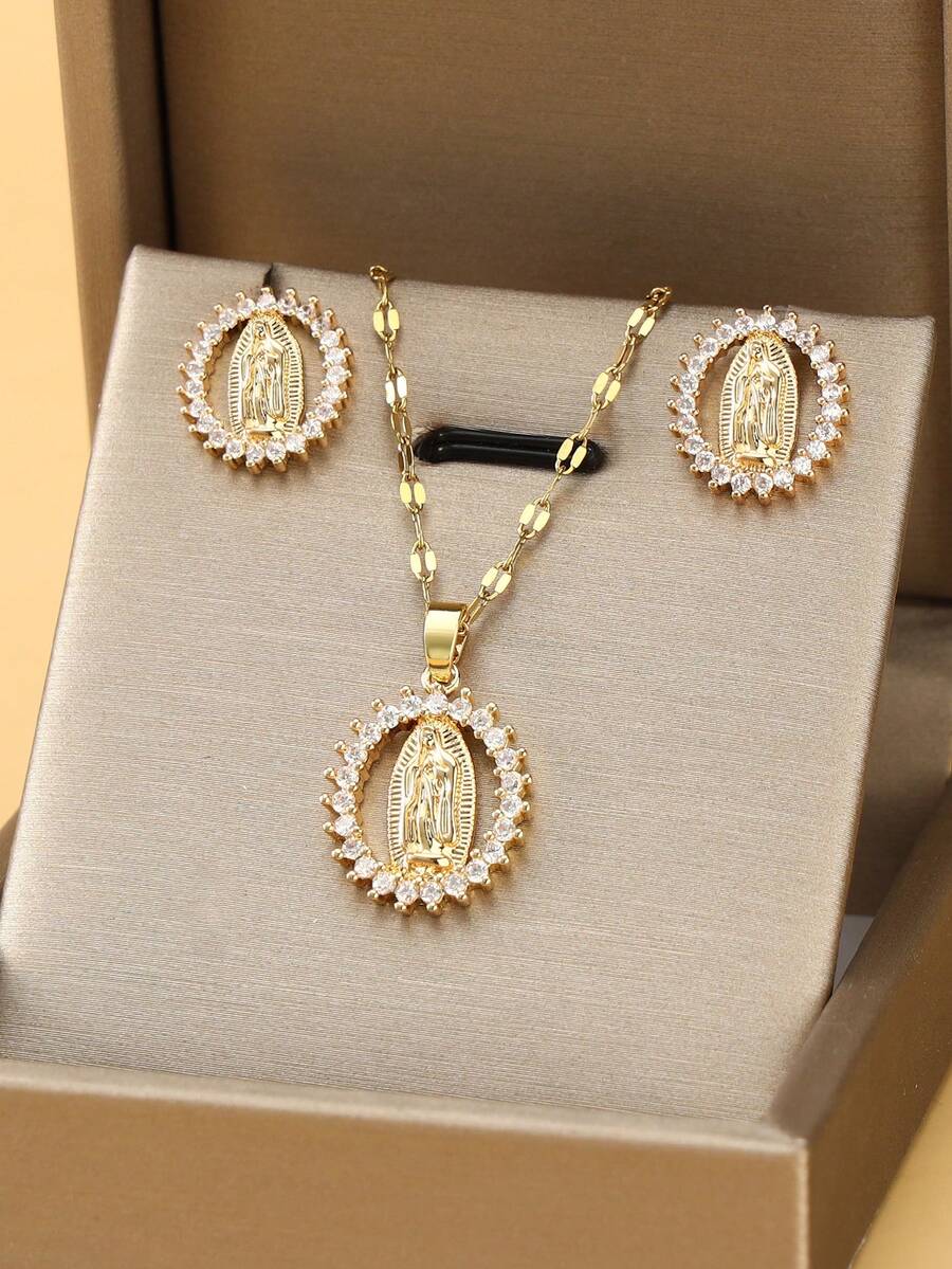 3pcs Copper Material Handmade Zirconia Inlaid Virgin Mary Earrings & Necklace Set, Christian Jewelry, Multi-Color Options, Suitable For Commuting & Daily Wear, Christmas Gift For Mother & Girlfriend - Golden Yellow + White - View 1