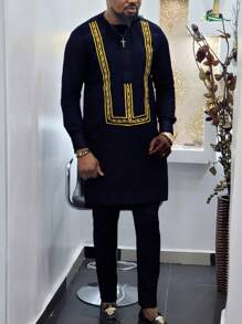 Elegant African Traditional Suit, African Men's 2 Pieces Suit, Embroidered Shirt And Pants, Ankara Style African Men's Traditional Attire, Suitable For Traditional Ceremonies. New Designer Luxury Men's Wear, African Traditional Clothing, Dashiki Style, Elegant Men's Full Suit And Pants Set. - Black - View 2