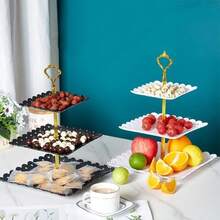 6 Pcs Cake Stand, Plastic Dessert Table Display Set, Three-Tier Shelf, Two-Tier Shelf And Dessert Tray Set. Suitable For Birthdays, Parties, Tea Parties. Black/White - White - View 7