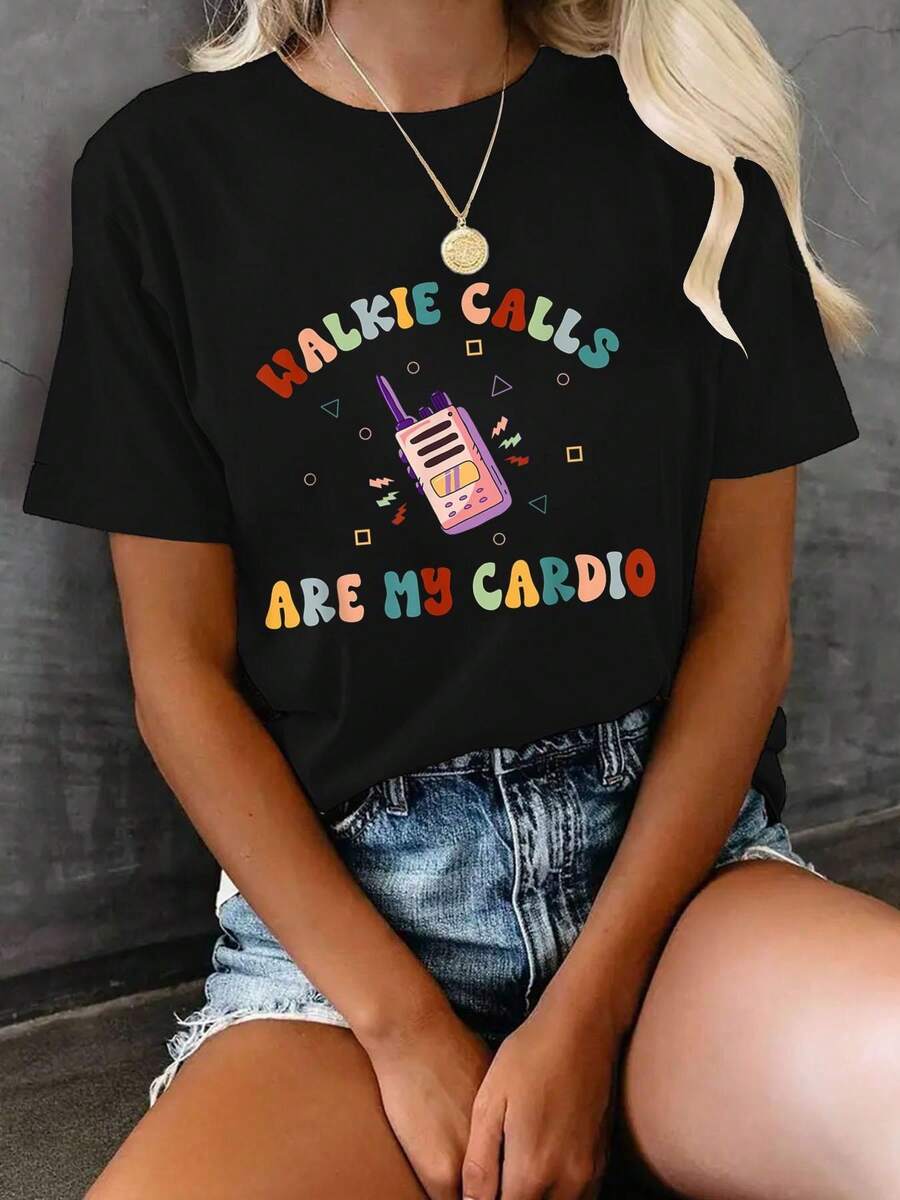 Walkie Calls Are My Cardio Special Education Teacher School T-Shirt, Graphic Tees Women - 黑色 - 查看 1