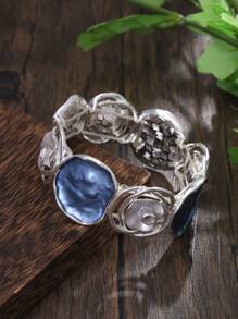 Cring Coco Elegant Vintage Rose Series Women's Zinc Alloy Elastic Bracelet - Bohemian Blue & White Rose Hollow Design, Versatile For Daily Wear, Suitable As Anniversary/Unique Gift