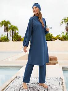 VFJ 布基尼穆斯林女士泳衣 端庄伊斯兰泳装 长袖全罩式 3 件套沙滩装 带泳帽 - 藏蓝色 - 查看 3