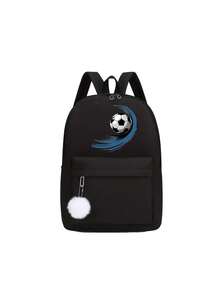 1 New Cute Versatile Simple Kawaii Football Print Plus Pom Pom Pendant Backpack, New For Spring And Summer, Suitable For Back To School Season. Nylon Material Double Zipper Lightweight Large Capacity Foldable Bag, Very Suitable For Teenagers To Go To School, Daily Travel, Shopping, Travel And Vacation, Etc. - Black - View 15