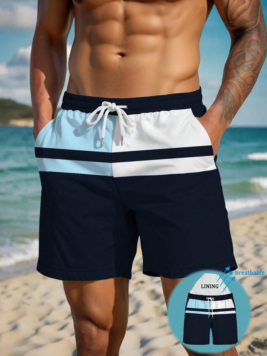 男士夏季印花图案抽绳腰斜口袋夏威夷速干双层网眼衬里短裤，撞色3D艺术印花，时尚休闲沙滩泳裤 - 彩色 - 查看 1