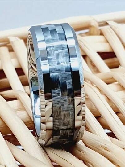 1pc 8mm Grey Carbon Fiber 304 Stainless Steel Ring - Modern Unisex Design, Durable Anti-Fading, Minimalist & Fashionable Style, Suitable For Engagement, Wedding Or Couples Gift, Contemporary Jewelry Accessory