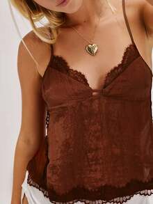 Women Summer Y2k Casual Lace Patchwork V-Neck Tank Top Fashionable Spaghetti Straps Open Back Crop Tops Stylish Sleeveless Tie Up Back T-Shirt Streetwear - 咖啡棕 - 查看 2