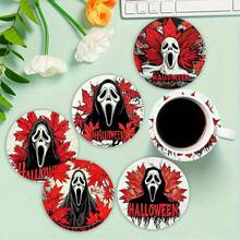 1套/4件/6件万圣节恐怖脸和枫叶图案硅藻泥杯垫，咖啡杯垫，家居和餐厅多场合装饰品，日常礼物，餐桌装饰，日常装饰，主题派对装饰